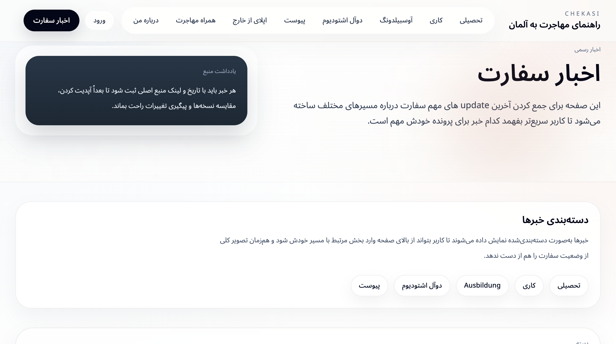 Chekasi embassy news board showing categorized updates for migration paths.